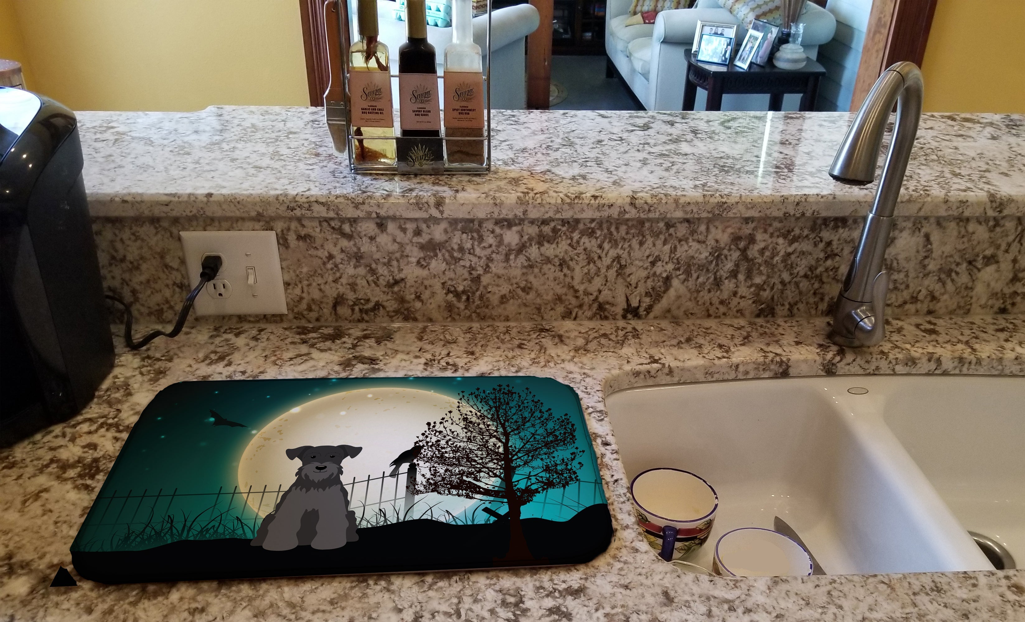 Halloween Scary Miniature Schnauzer Black Dish Drying Mat Absorbent Dish Drying Mat Pad for Kitchen Counter Dish Drainer Mat for Countertop, 14 x 21", Multicolor