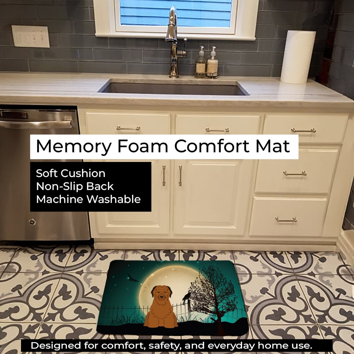 Halloween Scary Briard Brown Memory Foam Kitchen Mat Machine Washable Anti-Fatigue Cushion Comfort Bath or Kitchen Rug