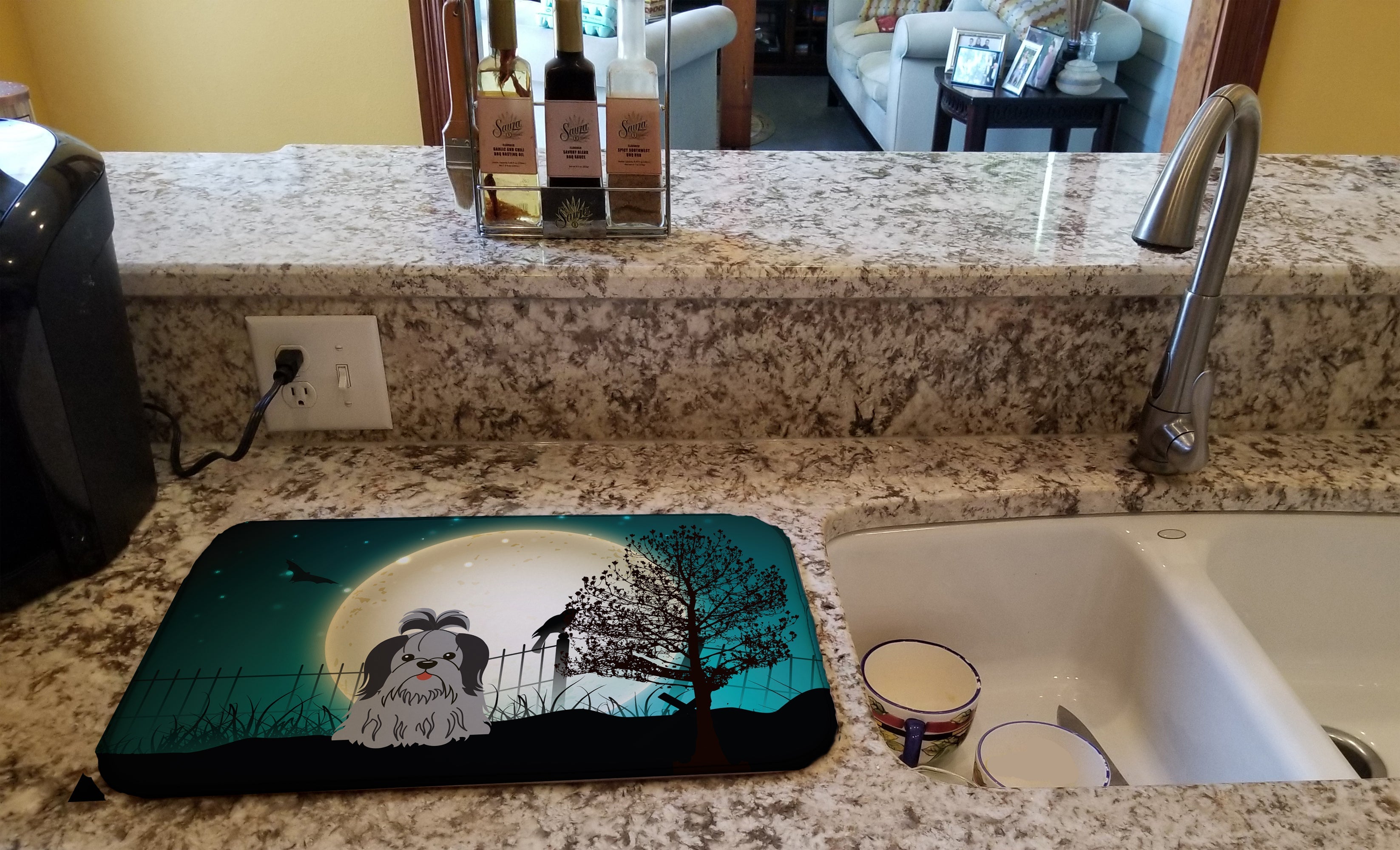 Halloween Scary Shih Tzu Black Silver Dish Drying Mat Absorbent Dish Drying Mat Pad for Kitchen Counter Dish Drainer Mat for Countertop, 14 x 21", Multicolor