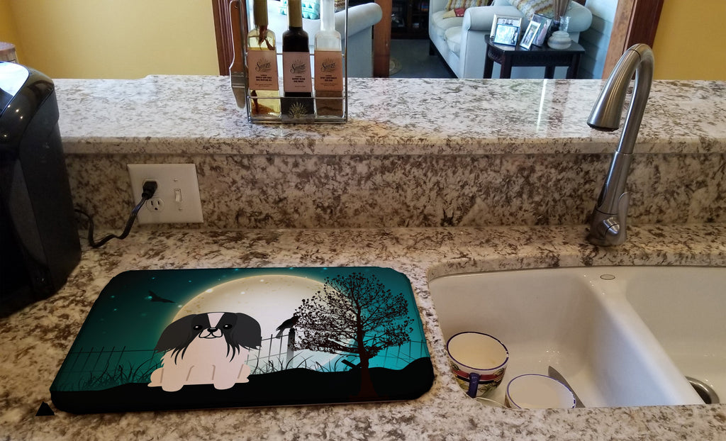 Halloween Scary Pekingese Black White Dish Drying Mat Absorbent Dish Drying Mat Pad for Kitchen Counter Dish Drainer Mat for Countertop, 14 x 21", Multicolor