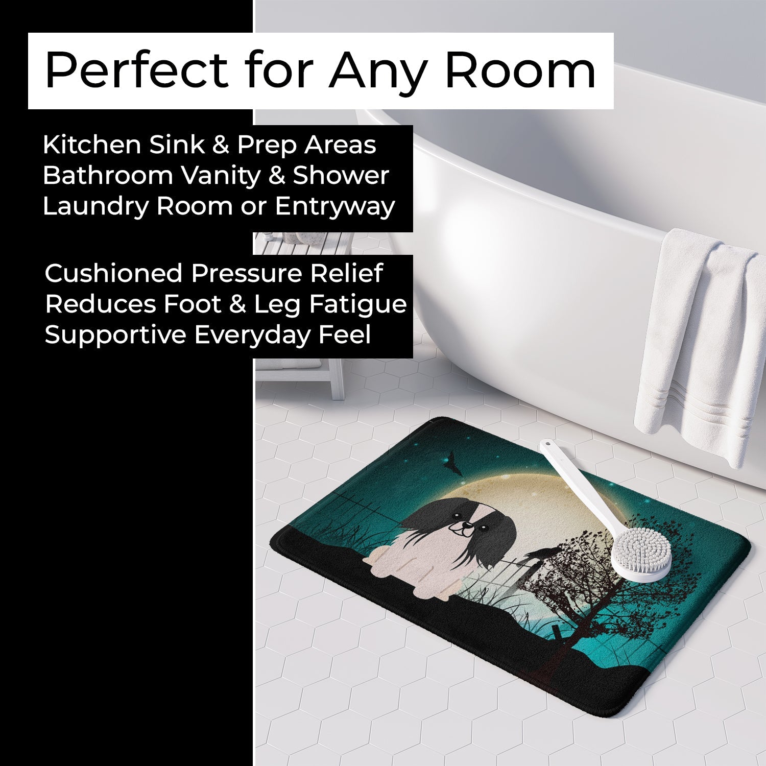 Halloween Scary Pekingese Black White Memory Foam Kitchen Mat Machine Washable Anti-Fatigue Cushion Comfort Bath or Kitchen Rug