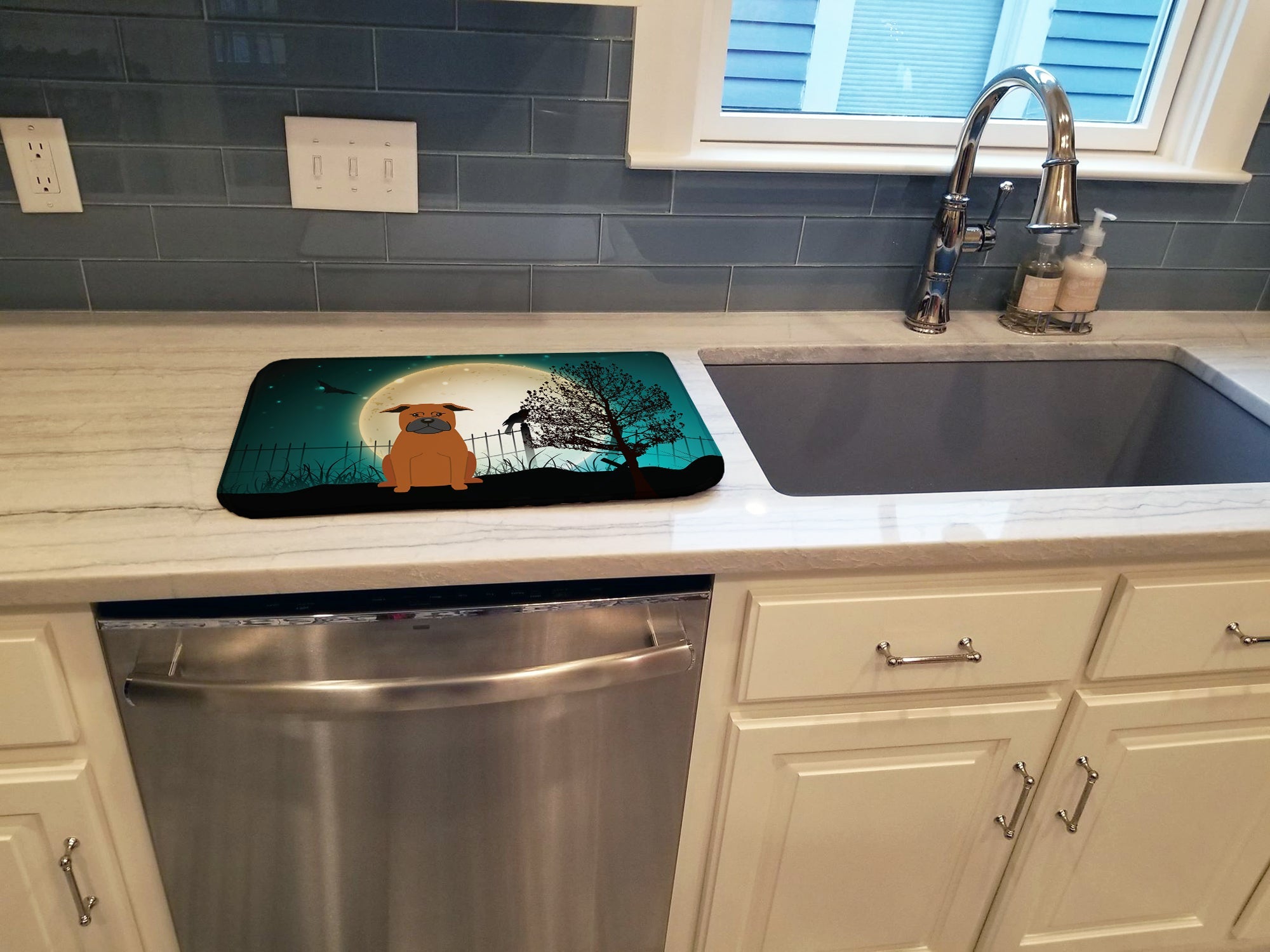 Halloween Scary Chinese Chongqing Dog Dish Drying Mat Absorbent Dish Drying Mat Pad for Kitchen Counter Dish Drainer Mat for Countertop, 14 x 21", Multicolor