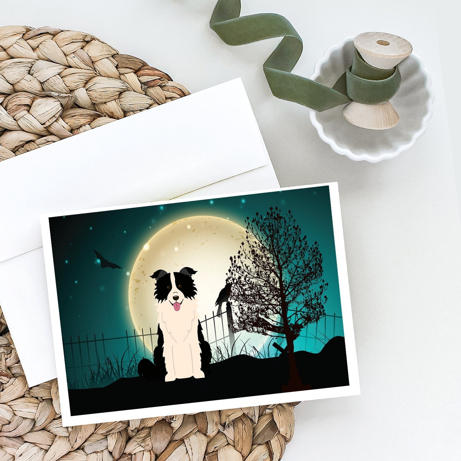 Halloween Scary Border Collie Black White Greeting Cards Pack of 8 Blank Cards with Envelopes Whimsical A7 Size 5x7