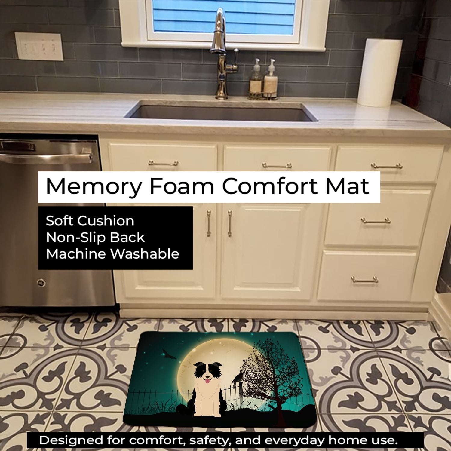 Halloween Scary Border Collie Black White Memory Foam Kitchen Mat Machine Washable Anti-Fatigue Cushion Comfort Bath or Kitchen Rug