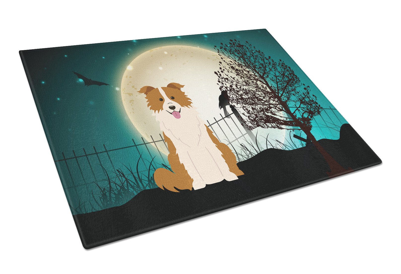Halloween Scary Border Collie Red White Cutting Board Tempered Glass Kitchen Cutting Surface, Heat Resistant Chopping, Non-Slip Feet, Food Prep & Serving
