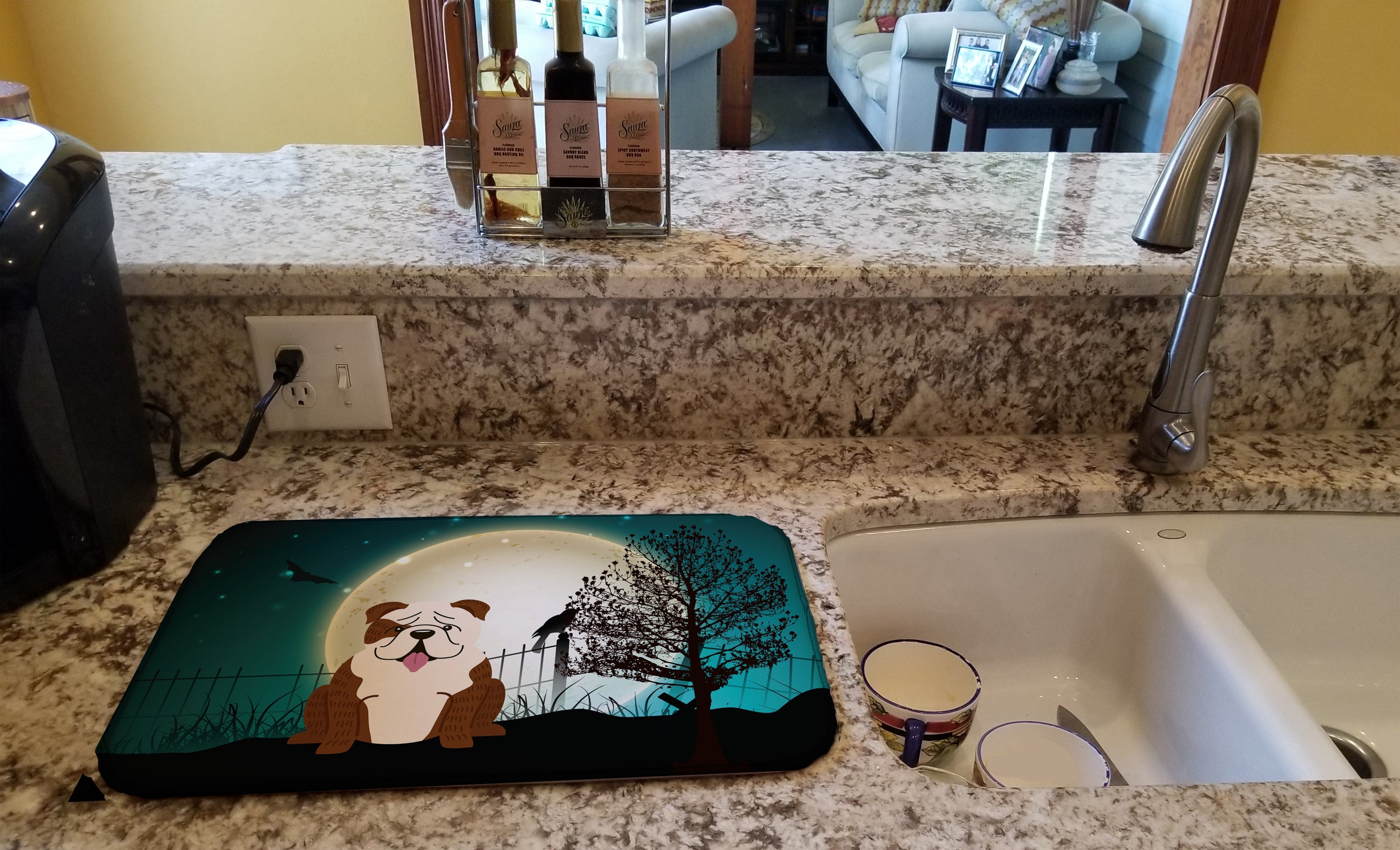 Halloween Scary  English Bulldog Brindle White Dish Drying Mat Absorbent Dish Drying Mat Pad for Kitchen Counter Dish Drainer Mat for Countertop, 14 x 21", Multicolor