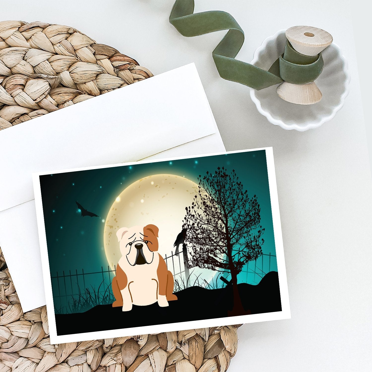 Halloween Scary  English Bulldog Fawn White Greeting Cards Pack of 8 Blank Cards with Envelopes Whimsical A7 Size 5x7