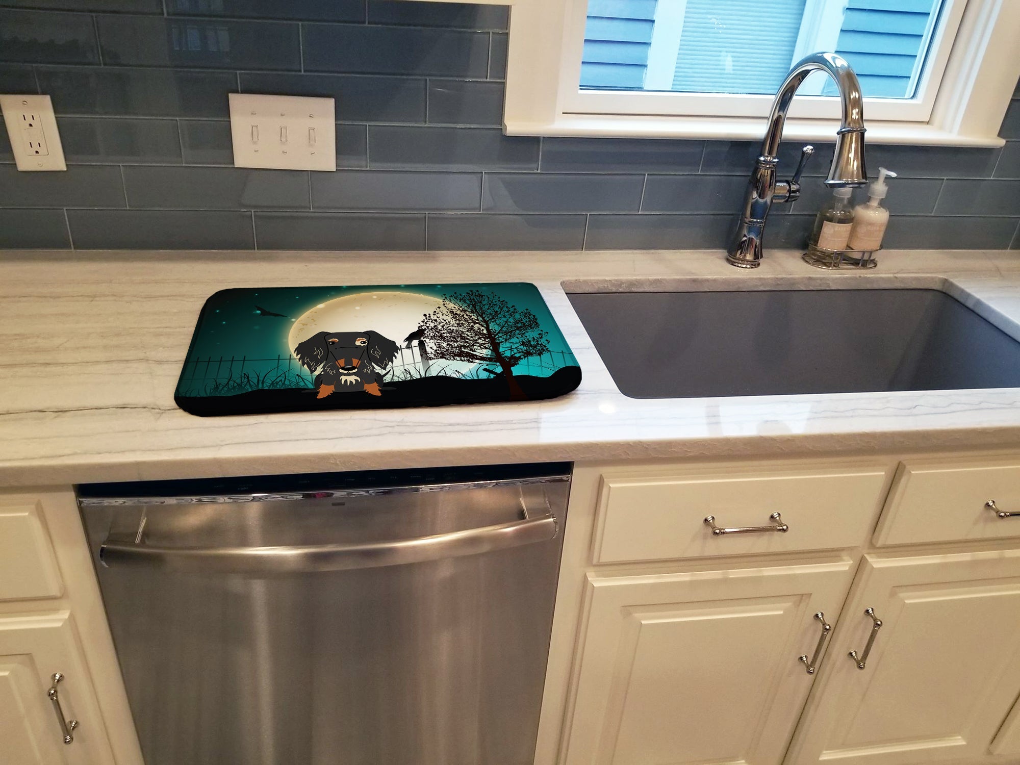 Halloween Scary Wire Haired Dachshund Dapple Dish Drying Mat Absorbent Dish Drying Mat Pad for Kitchen Counter Dish Drainer Mat for Countertop, 14 x 21", Multicolor