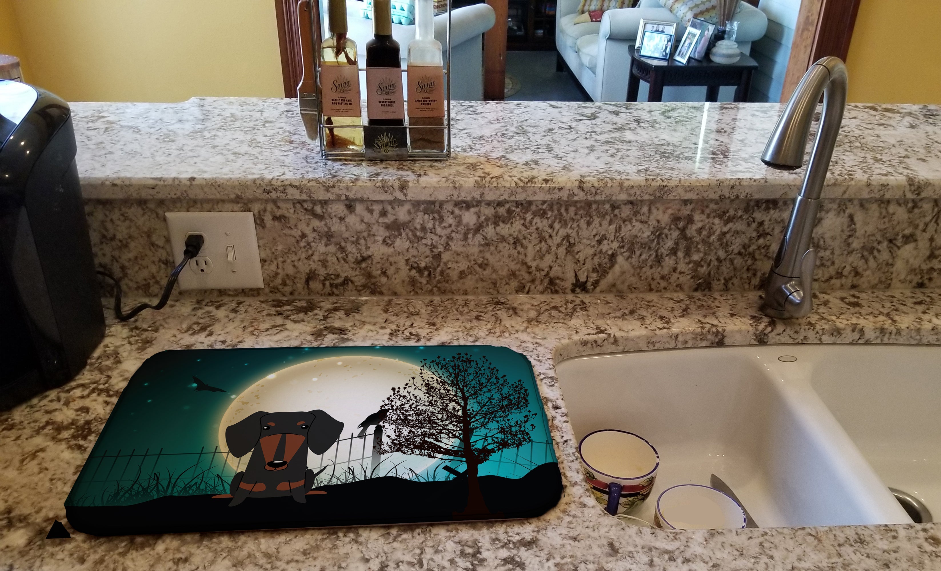 Halloween Scary Dachshund Black Tan Dish Drying Mat Absorbent Dish Drying Mat Pad for Kitchen Counter Dish Drainer Mat for Countertop, 14 x 21", Multicolor