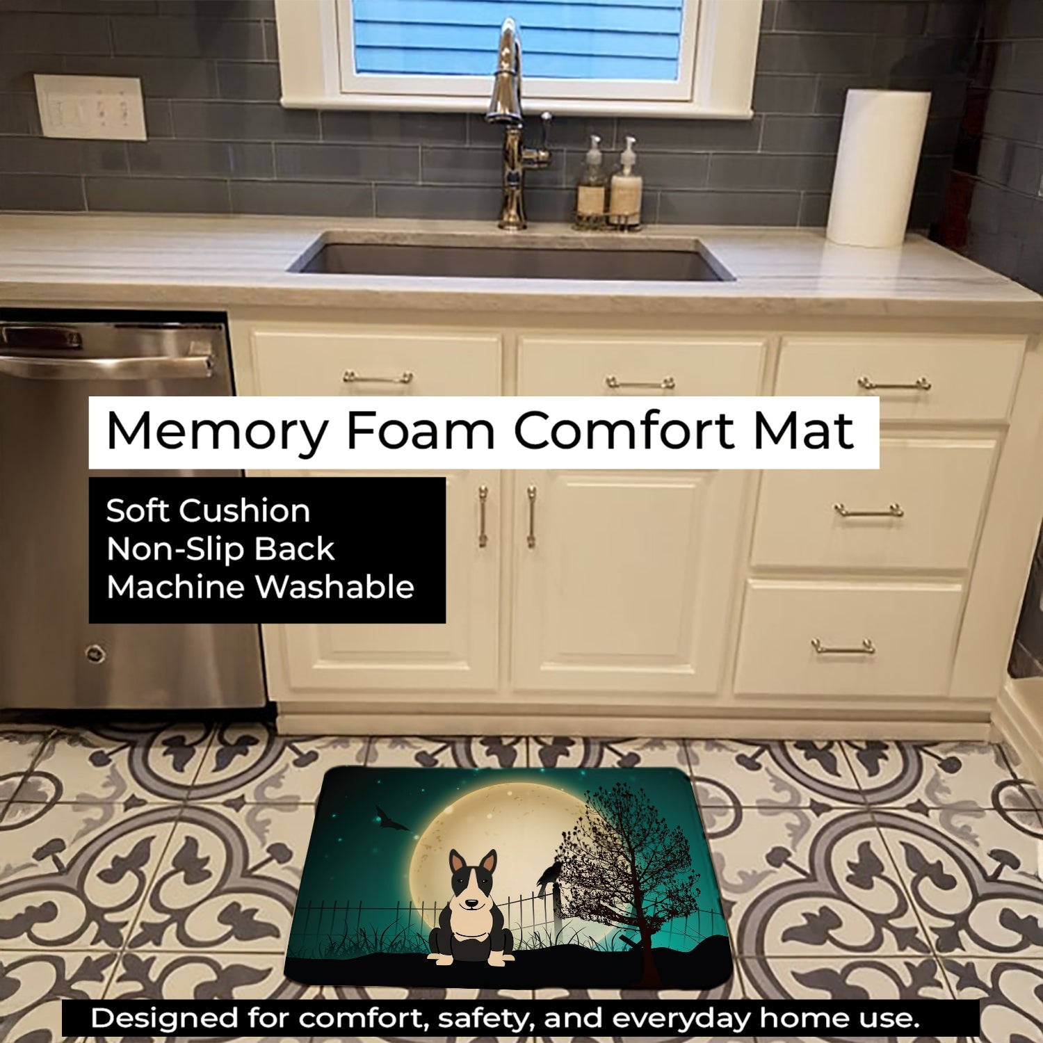Halloween Scary Bull Terrier Black White Memory Foam Kitchen Mat Machine Washable Anti-Fatigue Cushion Comfort Bath or Kitchen Rug