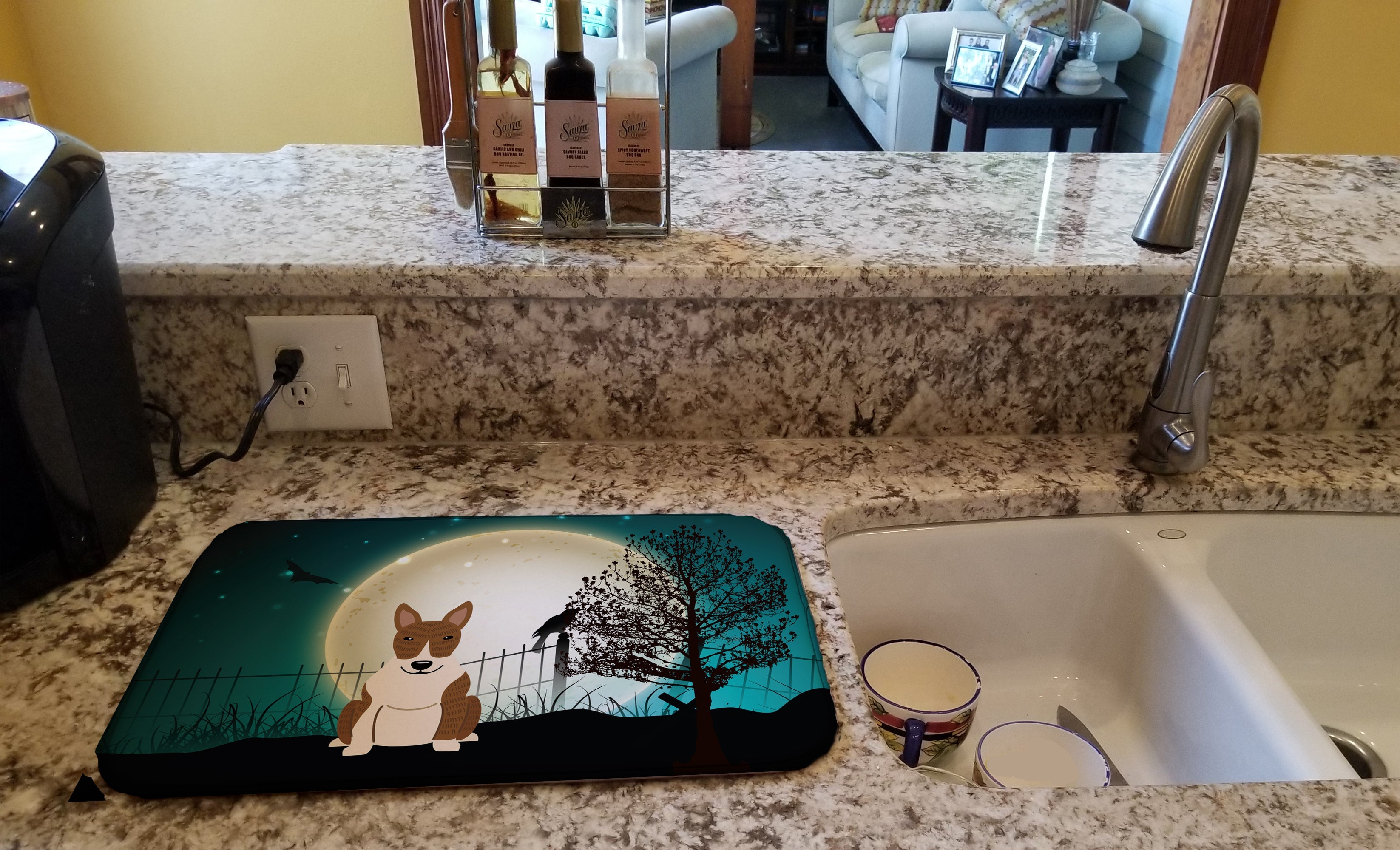 Halloween Scary Bull Terrier Brindle Dish Drying Mat Absorbent Dish Drying Mat Pad for Kitchen Counter Dish Drainer Mat for Countertop, 14 x 21", Multicolor