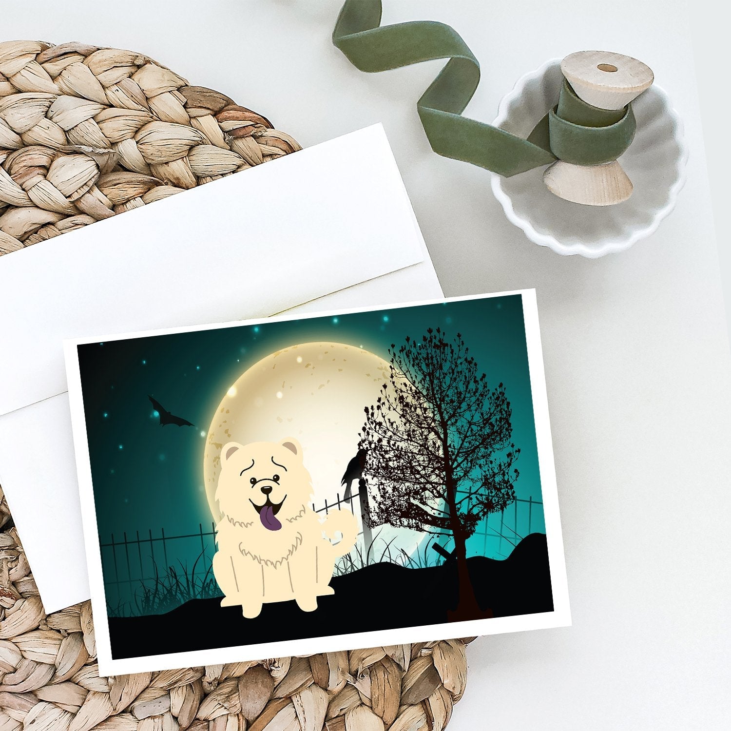 Halloween Scary Chow Chow White Greeting Cards Pack of 8 Blank Cards with Envelopes Whimsical A7 Size 5x7
