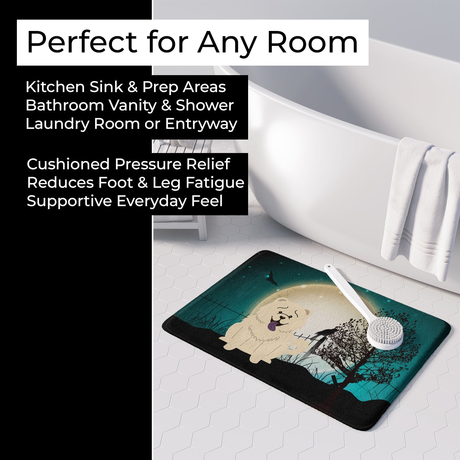 Halloween Scary Chow Chow White Memory Foam Kitchen Mat Machine Washable Anti-Fatigue Cushion Comfort Bath or Kitchen Rug