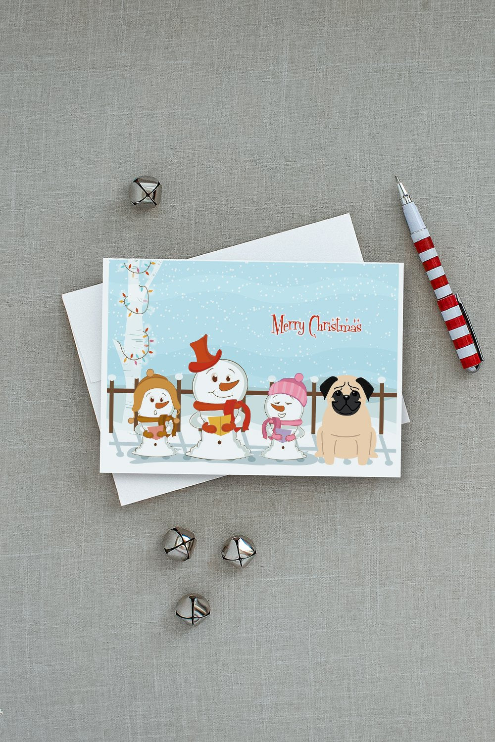 Merry Christmas Carolers Pug Fawn Greeting Cards Pack of 8 Blank Cards with Envelopes Whimsical A7 Size 5x7