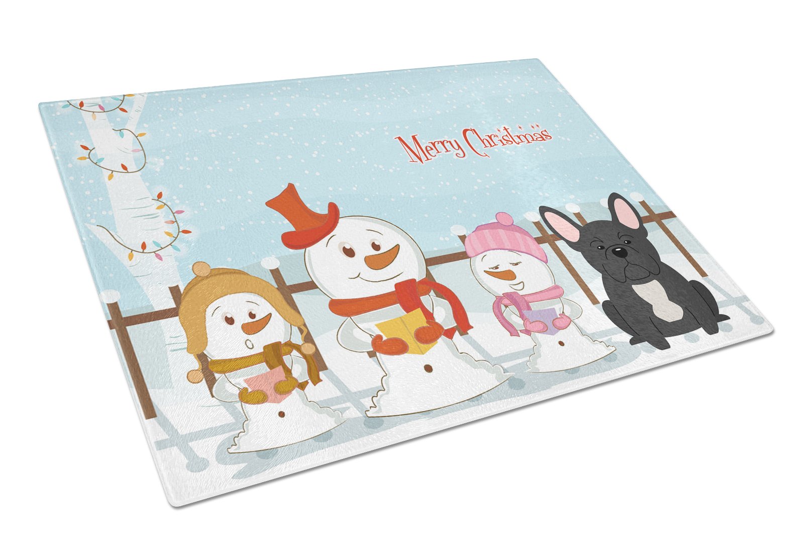 Merry Christmas Carolers French Bulldog Black Cutting Board Tempered Glass Kitchen Cutting Surface, Heat Resistant Chopping, Non-Slip Feet, Food Prep & Serving