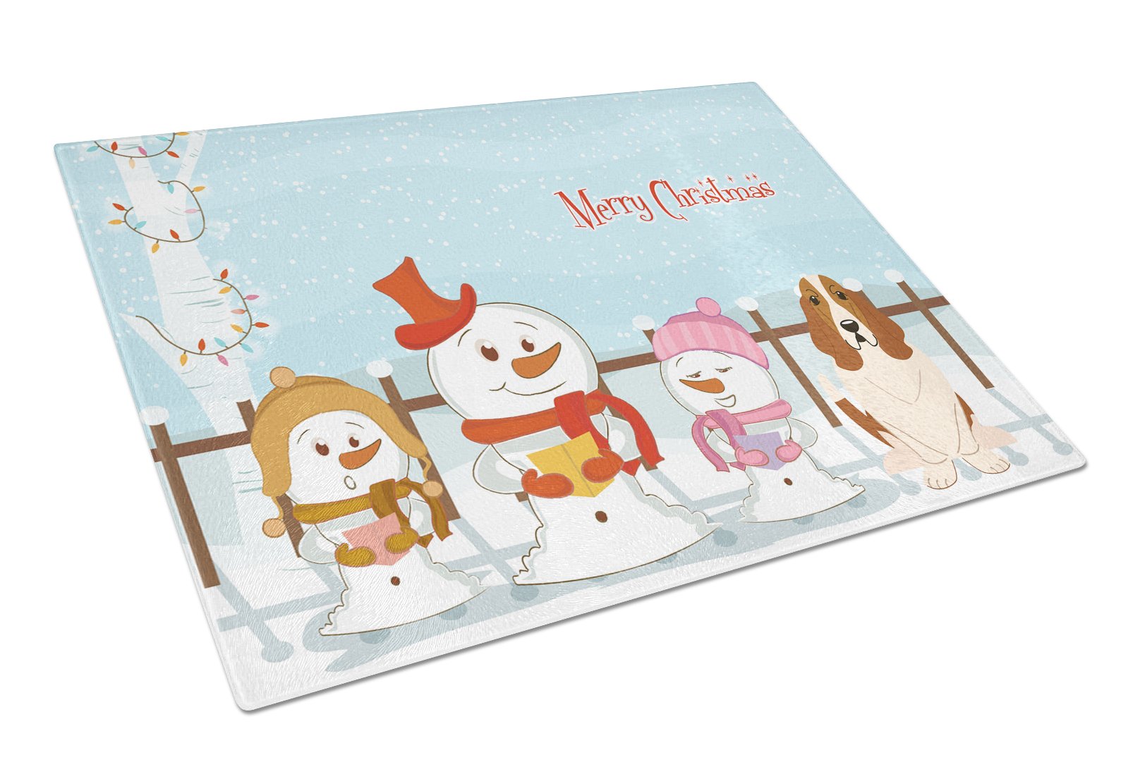 Merry Christmas Carolers Basset Hound Cutting Board Tempered Glass Kitchen Cutting Surface, Heat Resistant Chopping, Non-Slip Feet, Food Prep & Serving