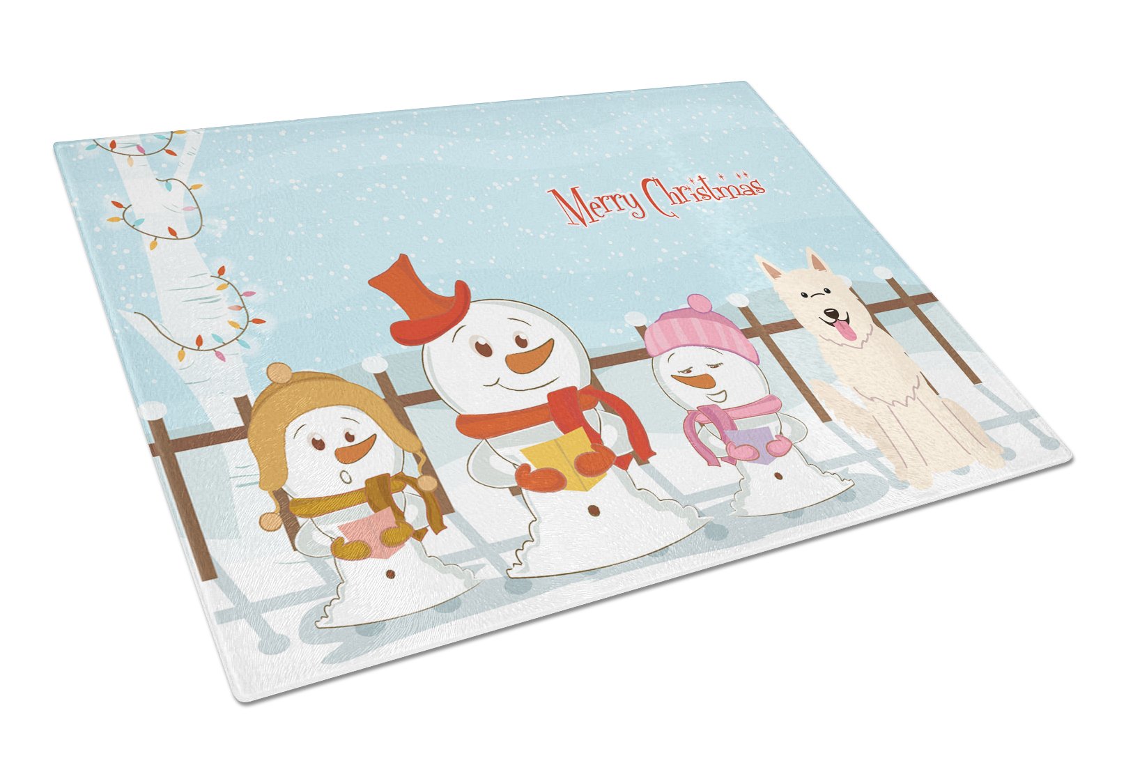 Merry Christmas Carolers White German Shepherd Cutting Board Tempered Glass Kitchen Cutting Surface, Heat Resistant Chopping, Non-Slip Feet, Food Prep & Serving