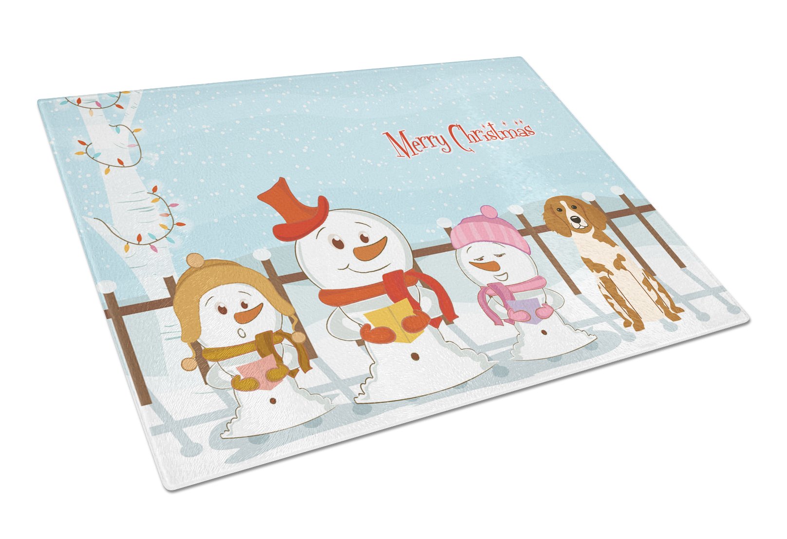 Merry Christmas Carolers Brittany Spaniel Cutting Board Tempered Glass Kitchen Cutting Surface, Heat Resistant Chopping, Non-Slip Feet, Food Prep & Serving