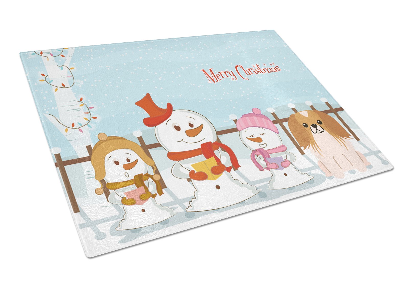 Merry Christmas Carolers Pekingese Red White Cutting Board Tempered Glass Kitchen Cutting Surface, Heat Resistant Chopping, Non-Slip Feet, Food Prep & Serving