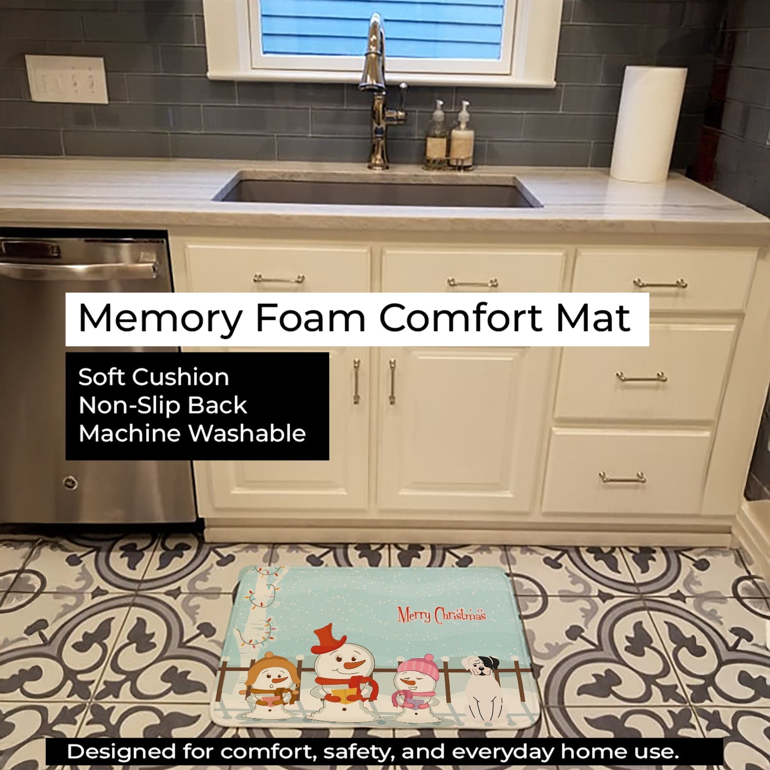 Merry Christmas Carolers White Boxer Cooper Memory Foam Kitchen Mat Machine Washable Anti-Fatigue Cushion Comfort Bath or Kitchen Rug