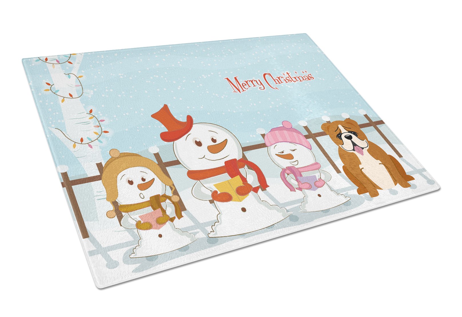 Merry Christmas Carolers English Bulldog Red White Cutting Board Tempered Glass Kitchen Cutting Surface, Heat Resistant Chopping, Non-Slip Feet, Food Prep & Serving