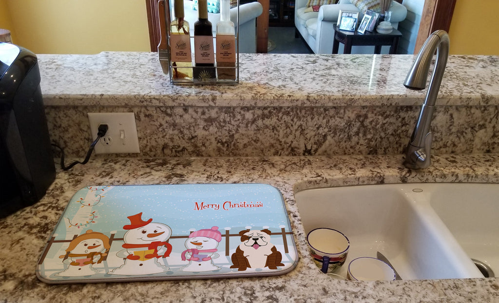 Merry Christmas Carolers English Bulldog Brindle White Dish Drying Mat Absorbent Dish Drying Mat Pad for Kitchen Counter Dish Drainer Mat for Countertop, 14 x 21", Multicolor