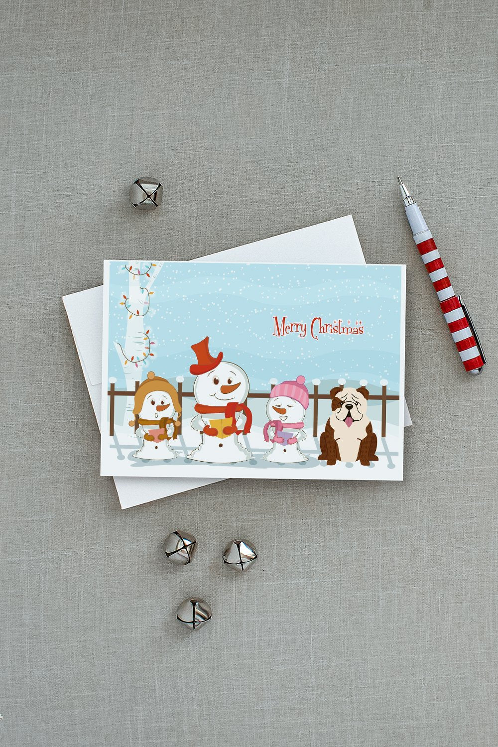 Merry Christmas Carolers English Bulldog Brindle White Greeting Cards Pack of 8 Blank Cards with Envelopes Whimsical A7 Size 5x7