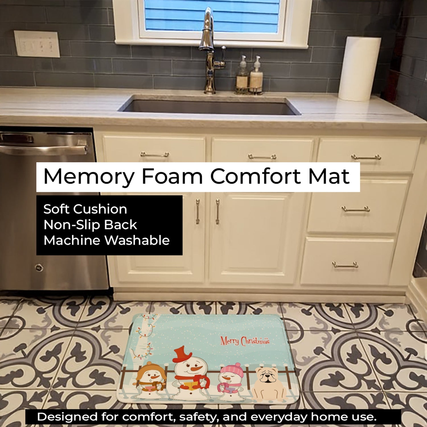 Merry Christmas Carolers English Bulldog White Memory Foam Kitchen Mat Machine Washable Anti-Fatigue Cushion Comfort Bath or Kitchen Rug