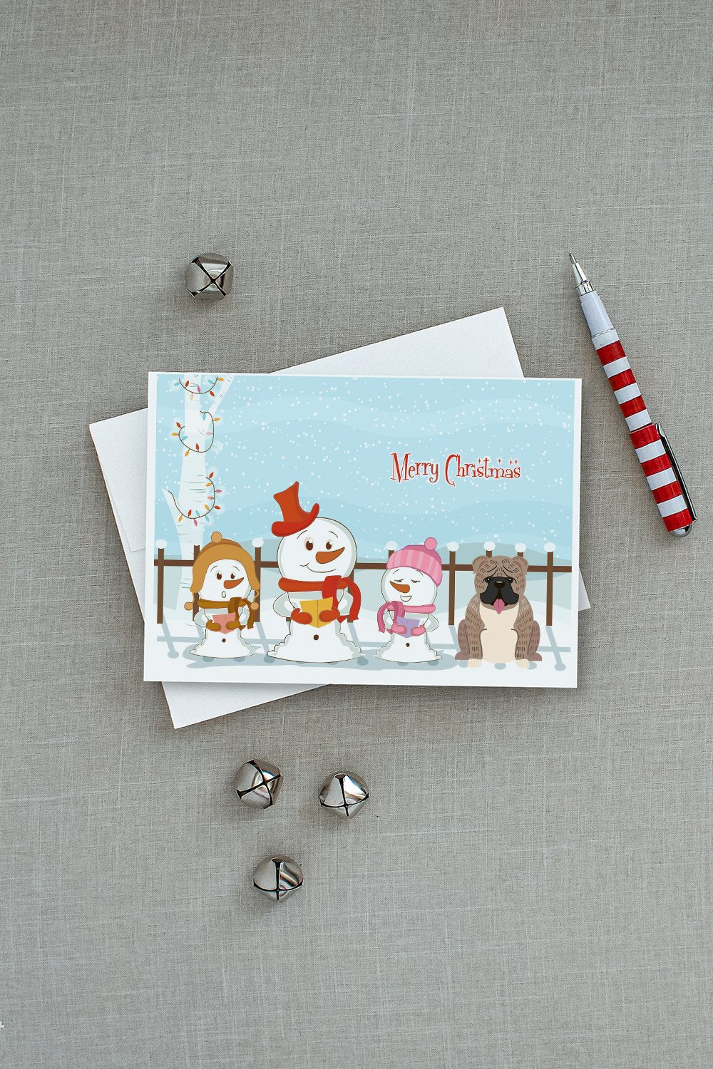 Merry Christmas Carolers English Bulldog Grey Brindle Greeting Cards Pack of 8 Blank Cards with Envelopes Whimsical A7 Size 5x7