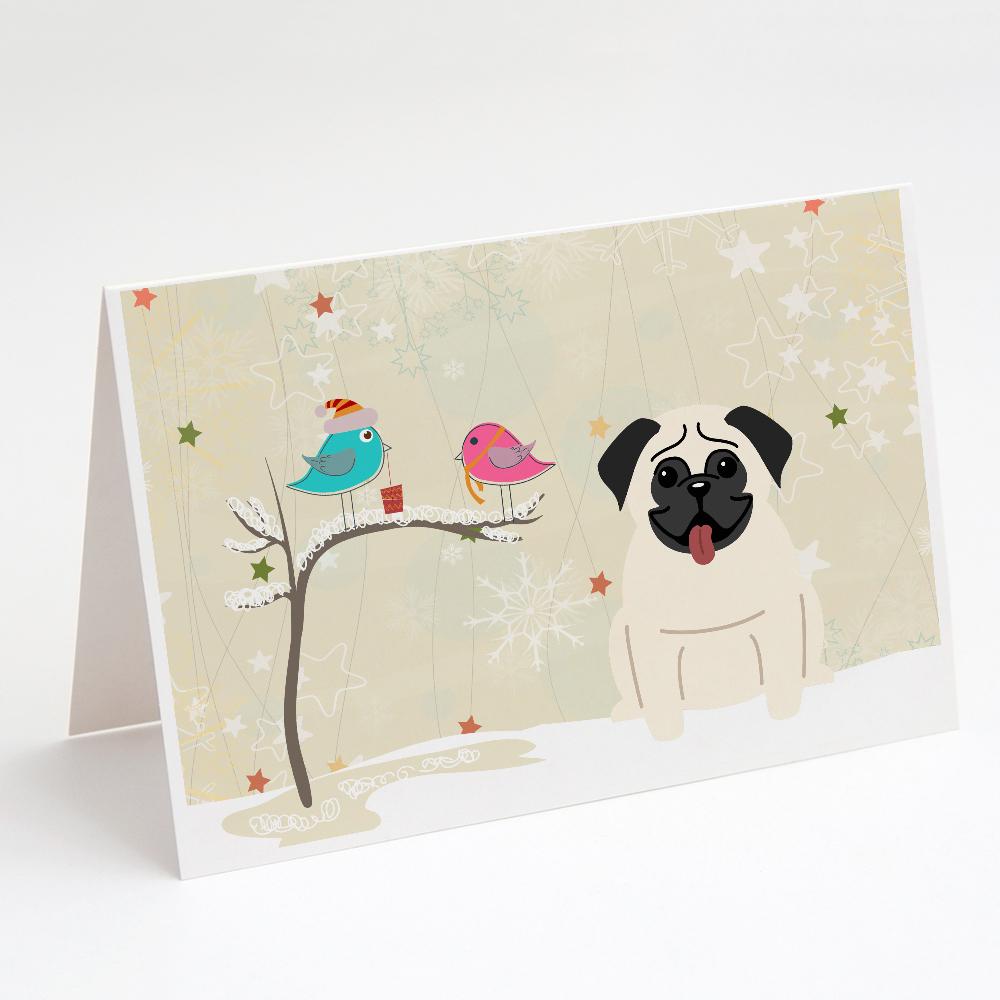 Christmas Presents between Friends Pug - Cream Greeting Cards Pack of 8 Blank Cards with Envelopes Whimsical A7 Size 5x7