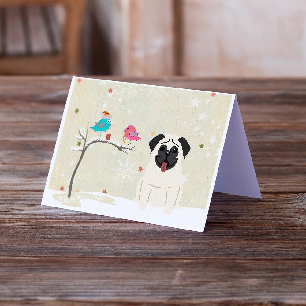 Christmas Presents between Friends Pug - Cream Greeting Cards Pack of 8 Blank Cards with Envelopes Whimsical A7 Size 5x7