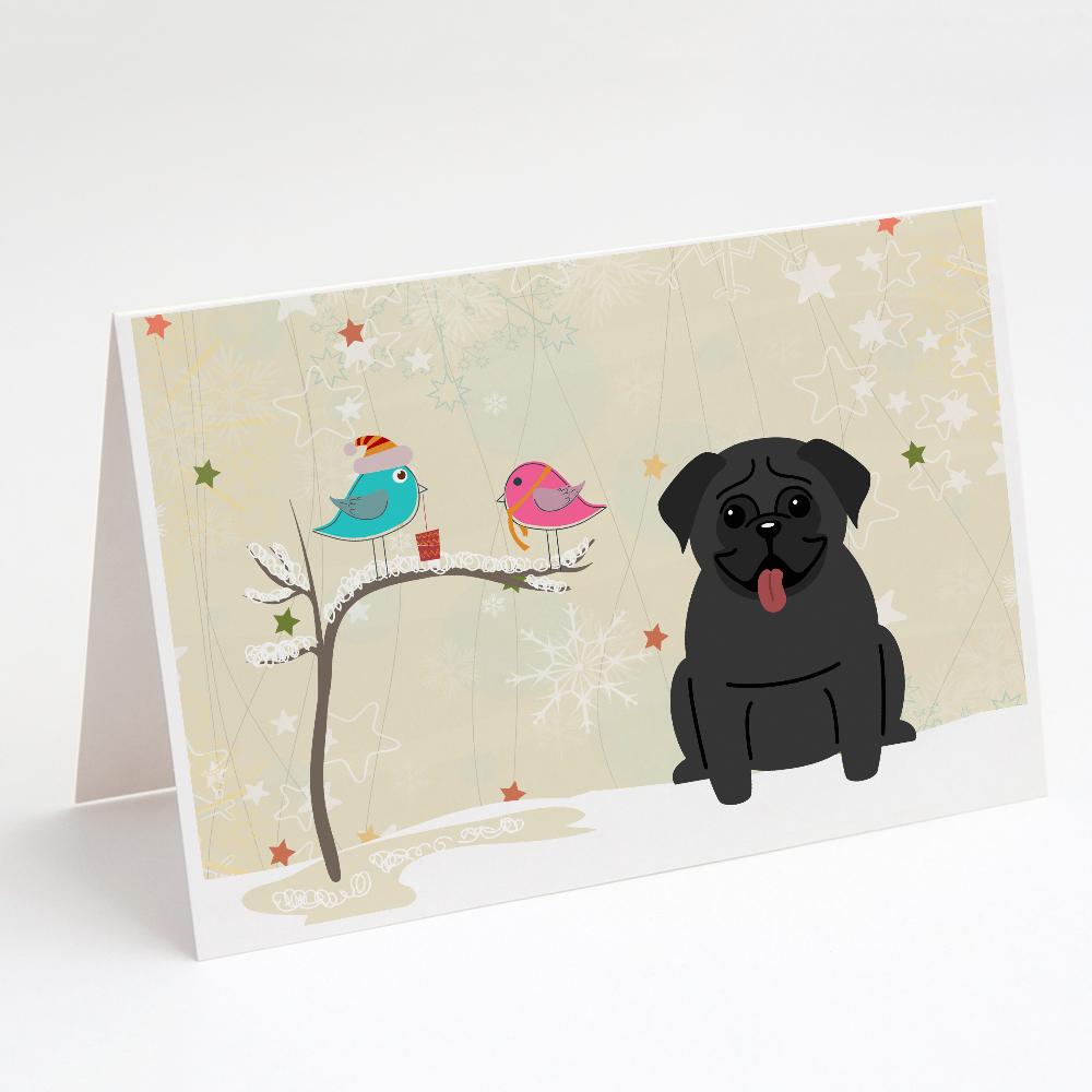 Christmas Presents between Friends Pug - Black Greeting Cards Pack of 8 Blank Cards with Envelopes Whimsical A7 Size 5x7