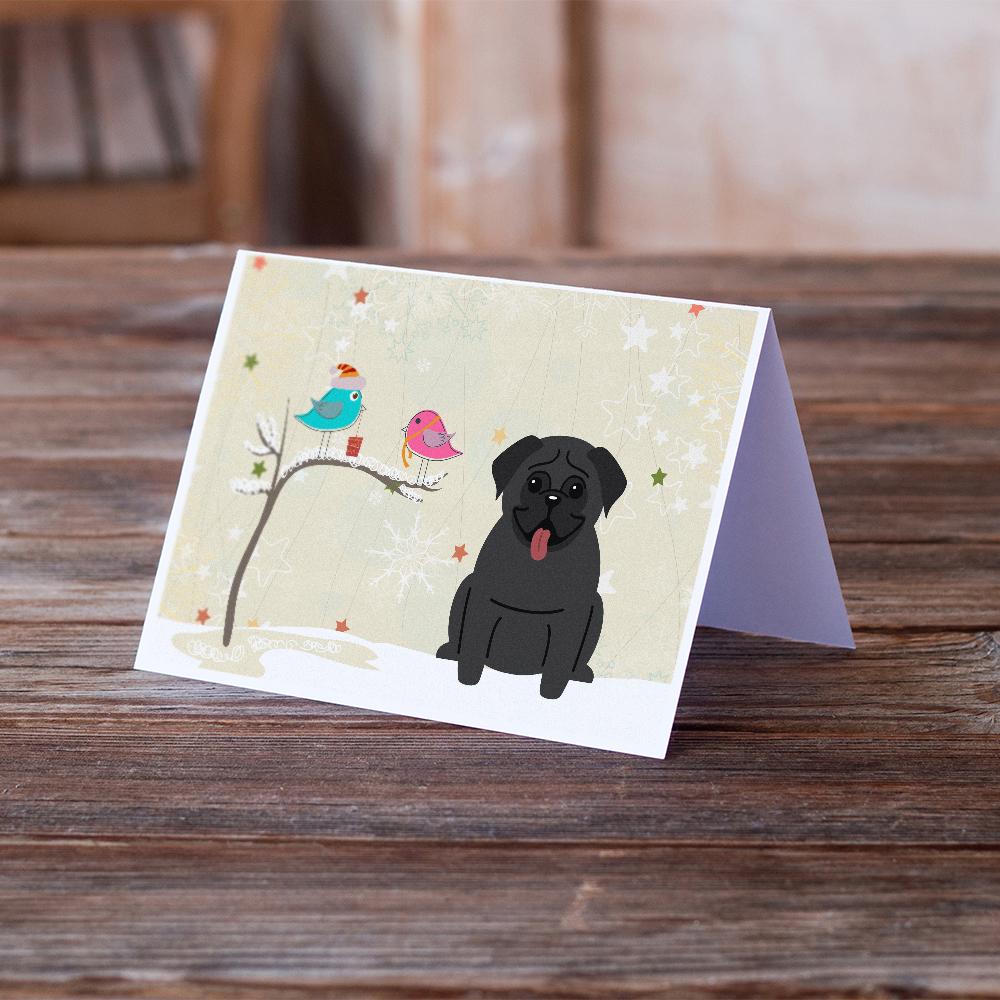Christmas Presents between Friends Pug - Black Greeting Cards Pack of 8 Blank Cards with Envelopes Whimsical A7 Size 5x7