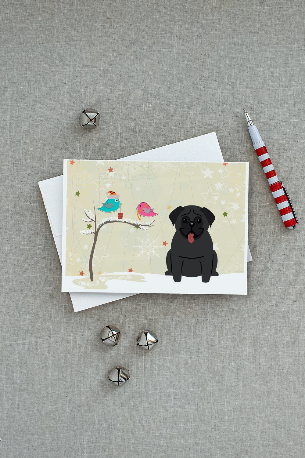 Christmas Presents between Friends Pug - Black Greeting Cards Pack of 8 Blank Cards with Envelopes Whimsical A7 Size 5x7
