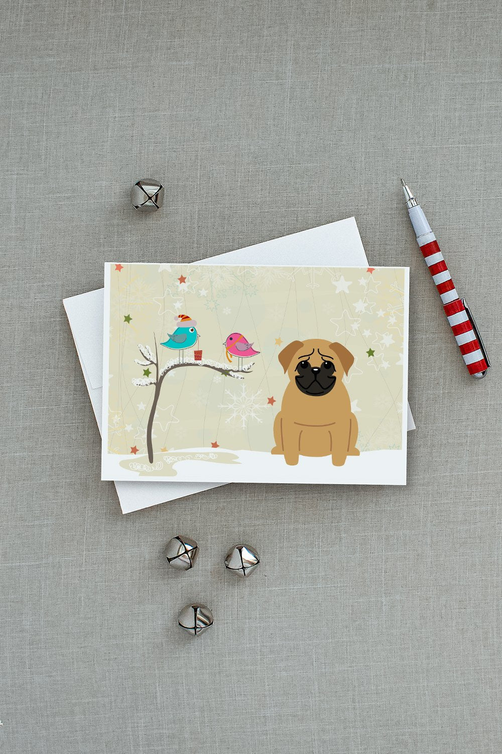 Christmas Presents between Friends Pug - Brown Greeting Cards Pack of 8 Blank Cards with Envelopes Whimsical A7 Size 5x7