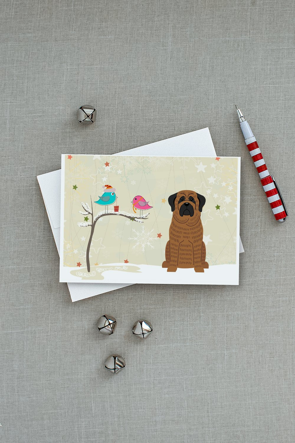 Christmas Presents between Friends Mastiff - Brindle Greeting Cards Pack of 8 Blank Cards with Envelopes Whimsical A7 Size 5x7