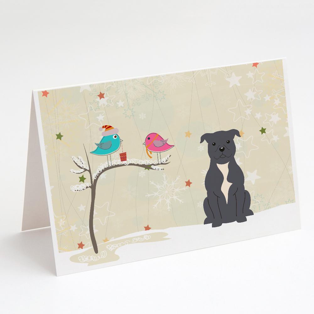 Christmas Presents between Friends Bull Terrier - Blue Greeting Cards Pack of 8 Blank Cards with Envelopes Whimsical A7 Size 5x7