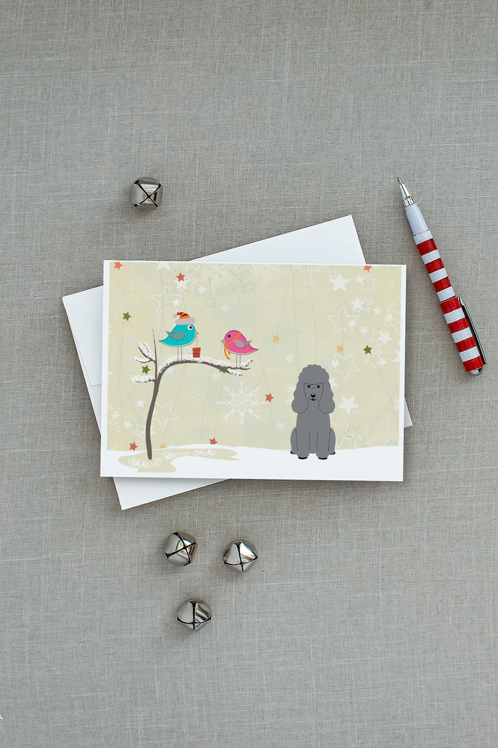 Christmas Presents between Friends Poodle - Silver Greeting Cards Pack of 8 Blank Cards with Envelopes Whimsical A7 Size 5x7