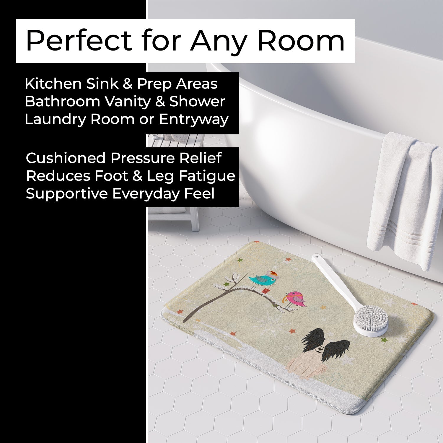 Christmas Presents between Friends Papillon - Black and White Memory Foam Kitchen Mat Machine Washable Anti-Fatigue Cushion Comfort Bath or Kitchen Rug