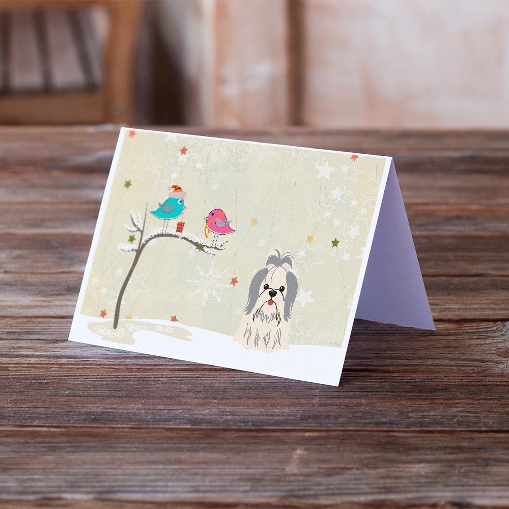 Christmas Presents between Friends Shih Tzu - Silver and White Greeting Cards Pack of 8 Blank Cards with Envelopes Whimsical A7 Size 5x7