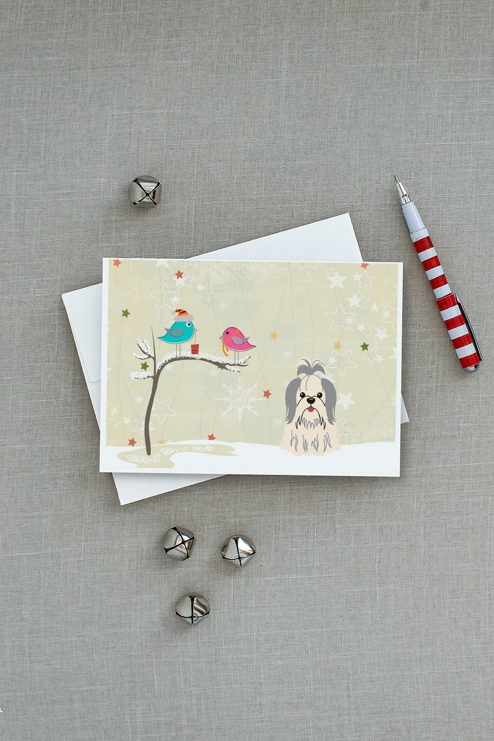 Christmas Presents between Friends Shih Tzu - Silver and White Greeting Cards Pack of 8 Blank Cards with Envelopes Whimsical A7 Size 5x7