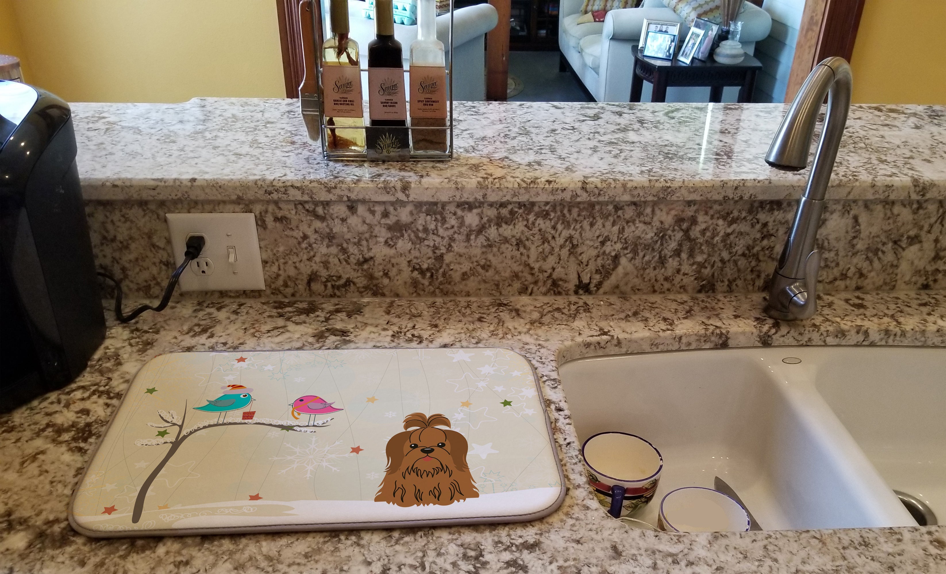 Christmas Presents between Friends Shih Tzu - Chocolate Dish Drying Mat Absorbent Dish Drying Mat Pad for Kitchen Counter Dish Drainer Mat for Countertop, 14 x 21", Multicolor