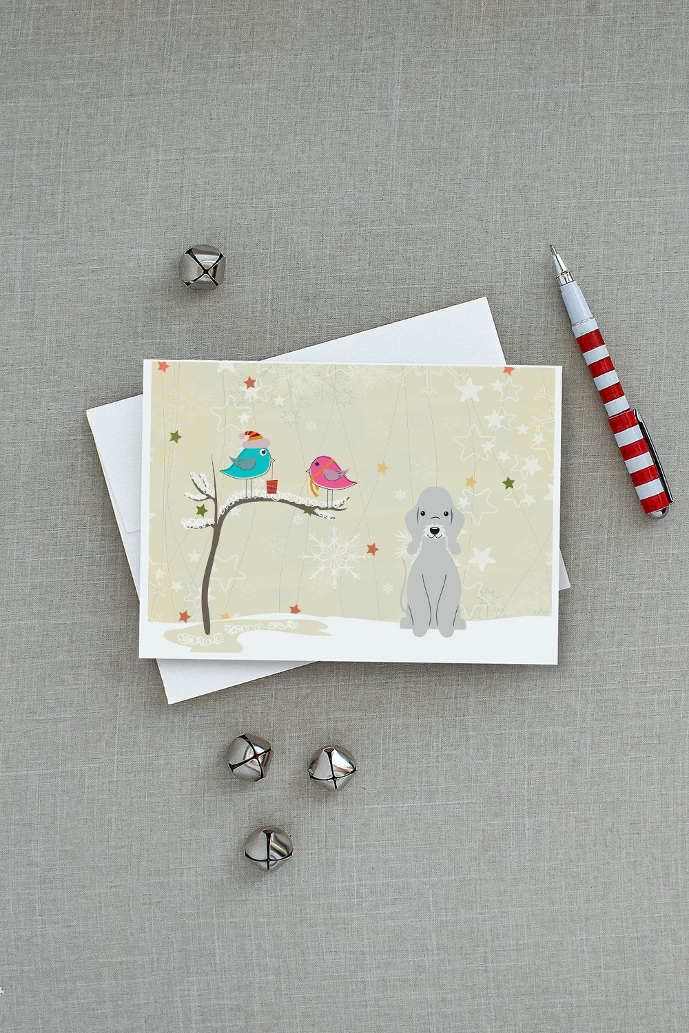 Christmas Presents between Friends Bedlington Terrier - Blue Greeting Cards Pack of 8 Blank Cards with Envelopes Whimsical A7 Size 5x7