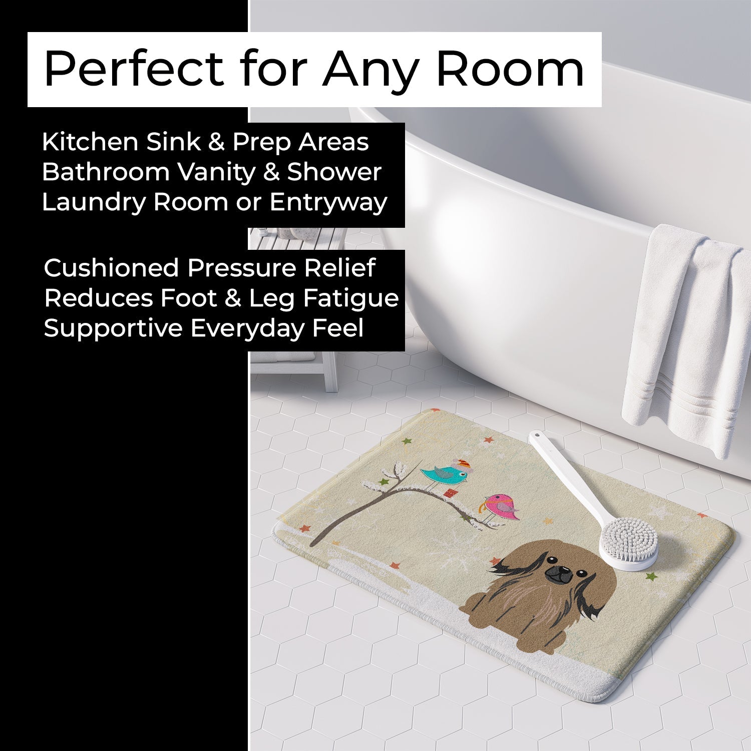 Christmas Presents between Friends Pekingese - Tan Memory Foam Kitchen Mat Machine Washable Anti-Fatigue Cushion Comfort Bath or Kitchen Rug