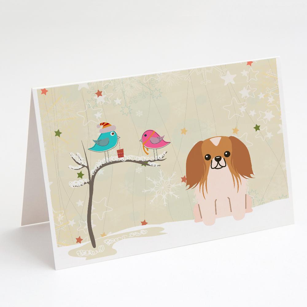 Christmas Presents between Friends Pekingese - Red and White Greeting Cards Pack of 8 Blank Cards with Envelopes Whimsical A7 Size 5x7