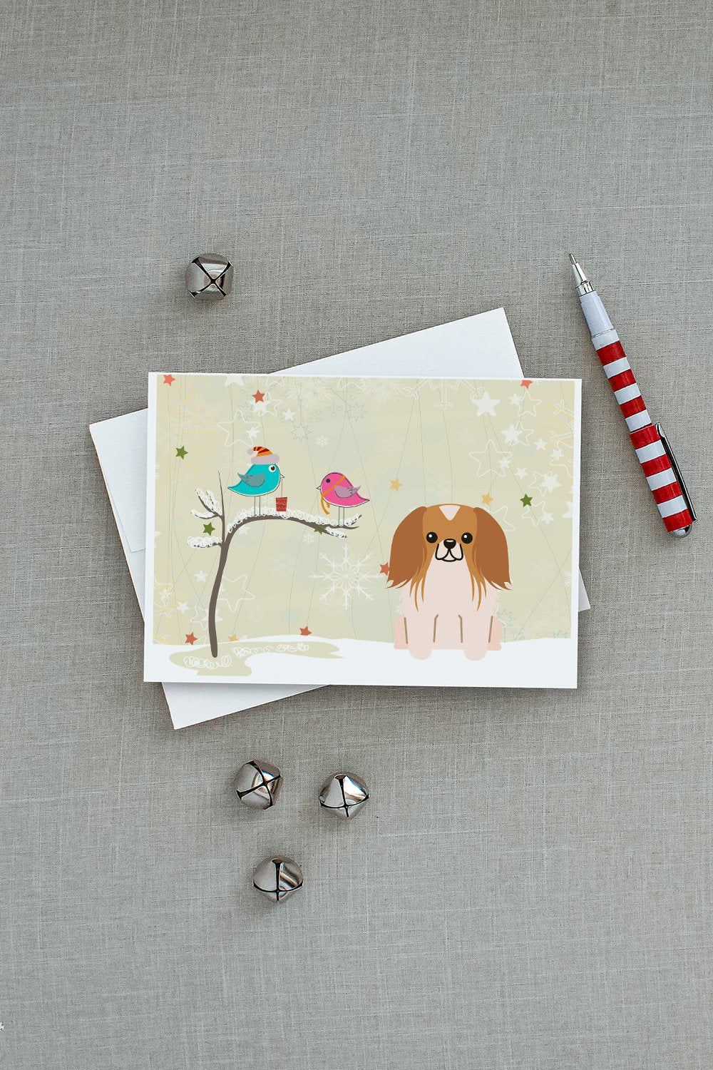 Christmas Presents between Friends Pekingese - Red and White Greeting Cards Pack of 8 Blank Cards with Envelopes Whimsical A7 Size 5x7