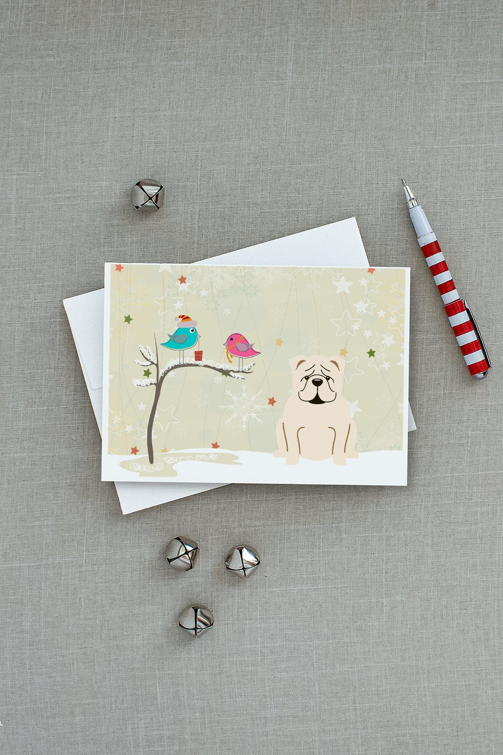 Christmas Presents between Friends English Bulldog - White Greeting Cards Pack of 8 Blank Cards with Envelopes Whimsical A7 Size 5x7