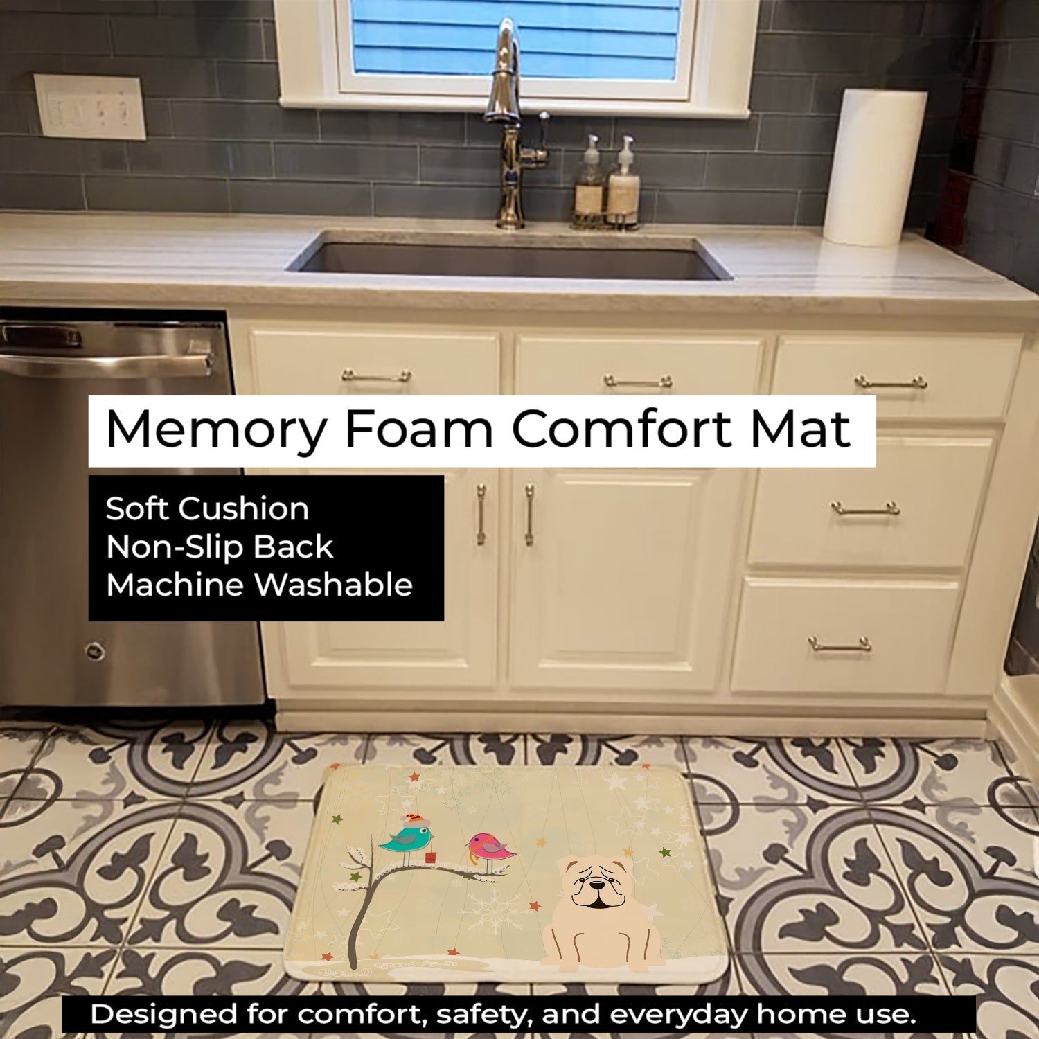 Christmas Presents between Friends English Bulldog - White Memory Foam Kitchen Mat Machine Washable Anti-Fatigue Cushion Comfort Bath or Kitchen Rug
