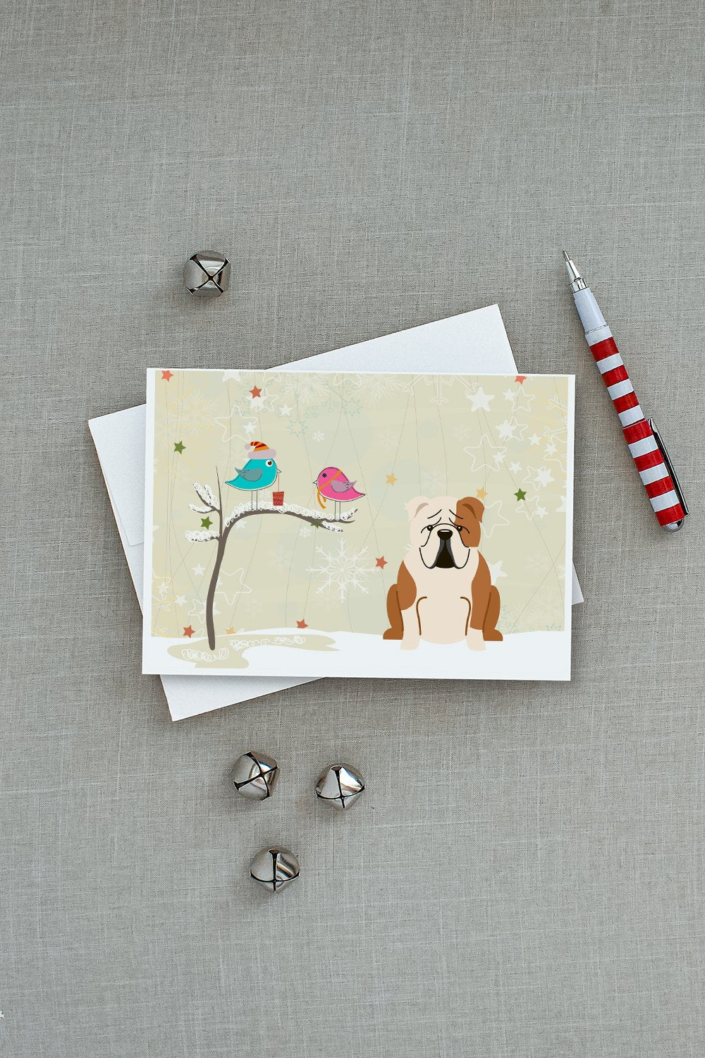 Christmas Presents between Friends English Bulldog - Fawn and White Greeting Cards Pack of 8 Blank Cards with Envelopes Whimsical A7 Size 5x7