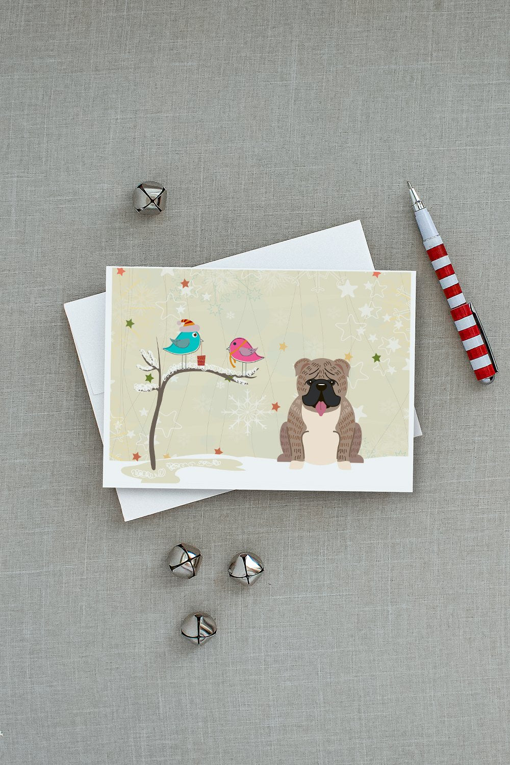 Christmas Presents between Friends English Bulldog - Grey Brindle Greeting Cards Pack of 8 Blank Cards with Envelopes Whimsical A7 Size 5x7